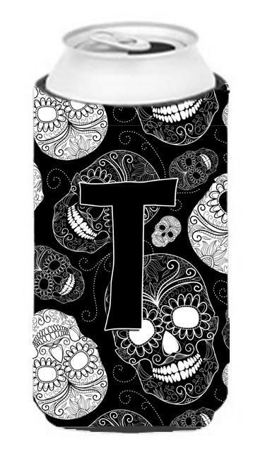 Letter T Day of the Dead Skulls Black Tall Boy Beverage Insulator Hugger CJ2008-TTBC by Caroline&#39;s Treasures