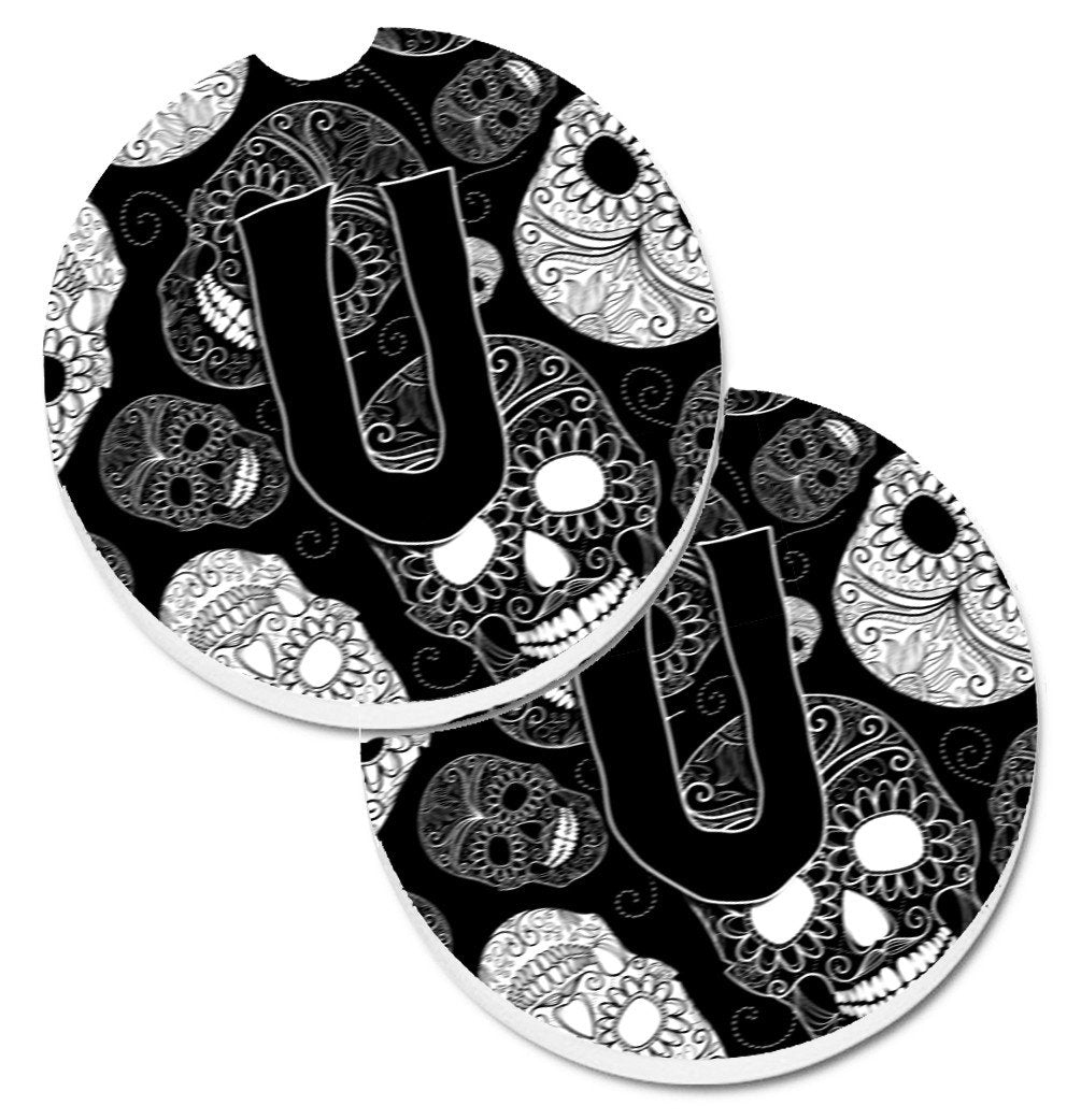 Letter U Day of the Dead Skulls Black Set of 2 Cup Holder Car Coasters CJ2008-UCARC by Caroline's Treasures