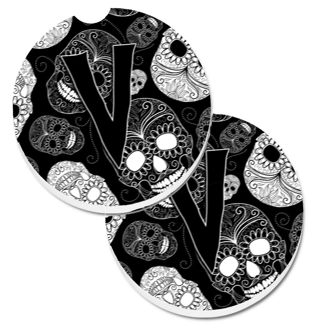 Letter V Day of the Dead Skulls Black Set of 2 Cup Holder Car Coasters CJ2008-VCARC by Caroline's Treasures