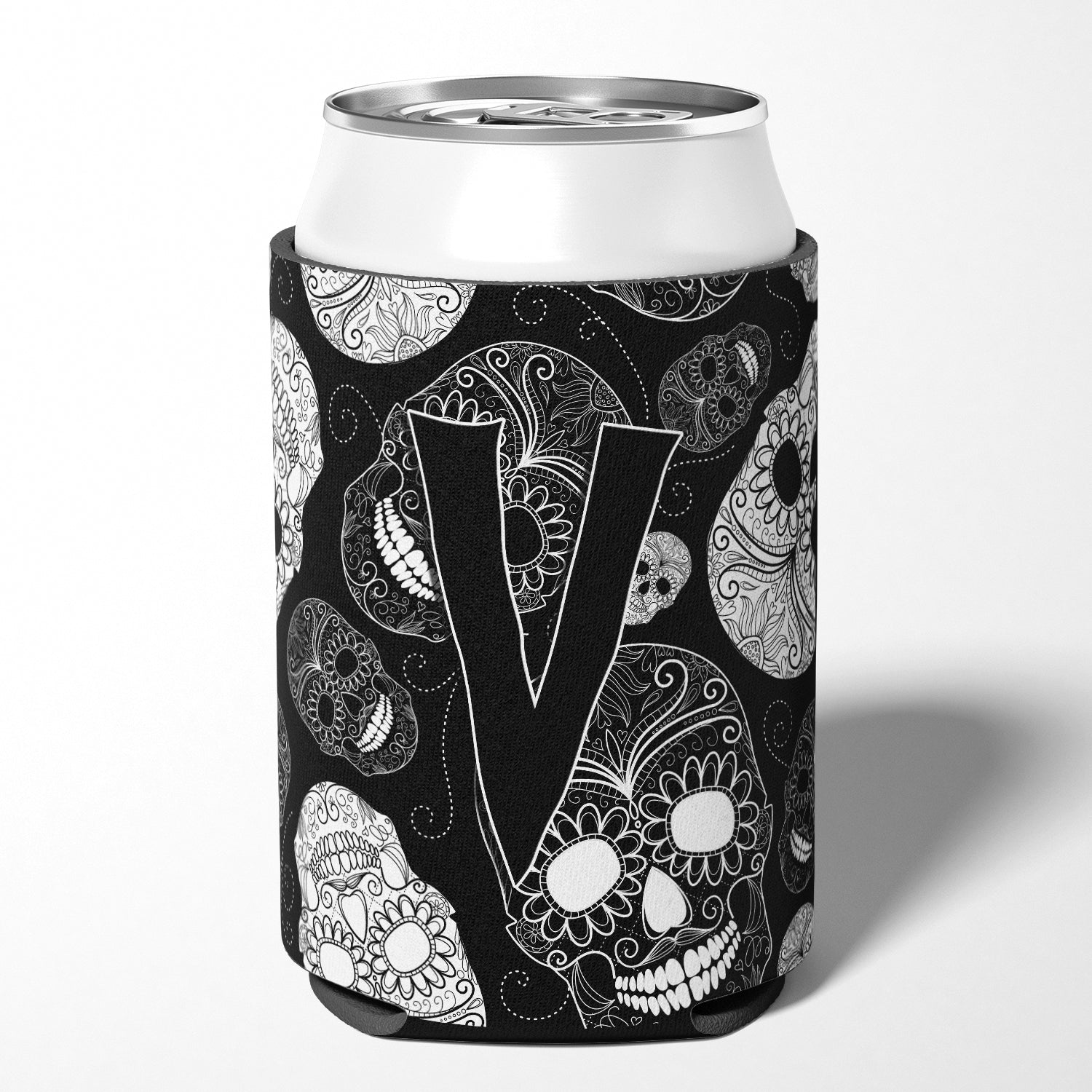 Letter V Day of the Dead Skulls Black Can or Bottle Hugger CJ2008-VCC.