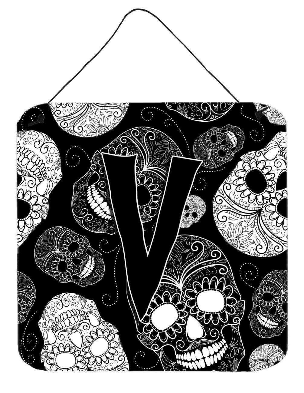 Letter V Day of the Dead Skulls Black Wall or Door Hanging Prints CJ2008-VDS66 by Caroline's Treasures