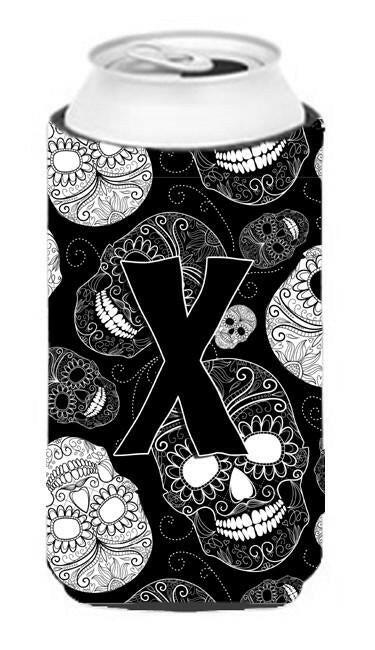 Letter X Day of the Dead Skulls Black Tall Boy Beverage Insulator Hugger CJ2008-XTBC by Caroline&#39;s Treasures