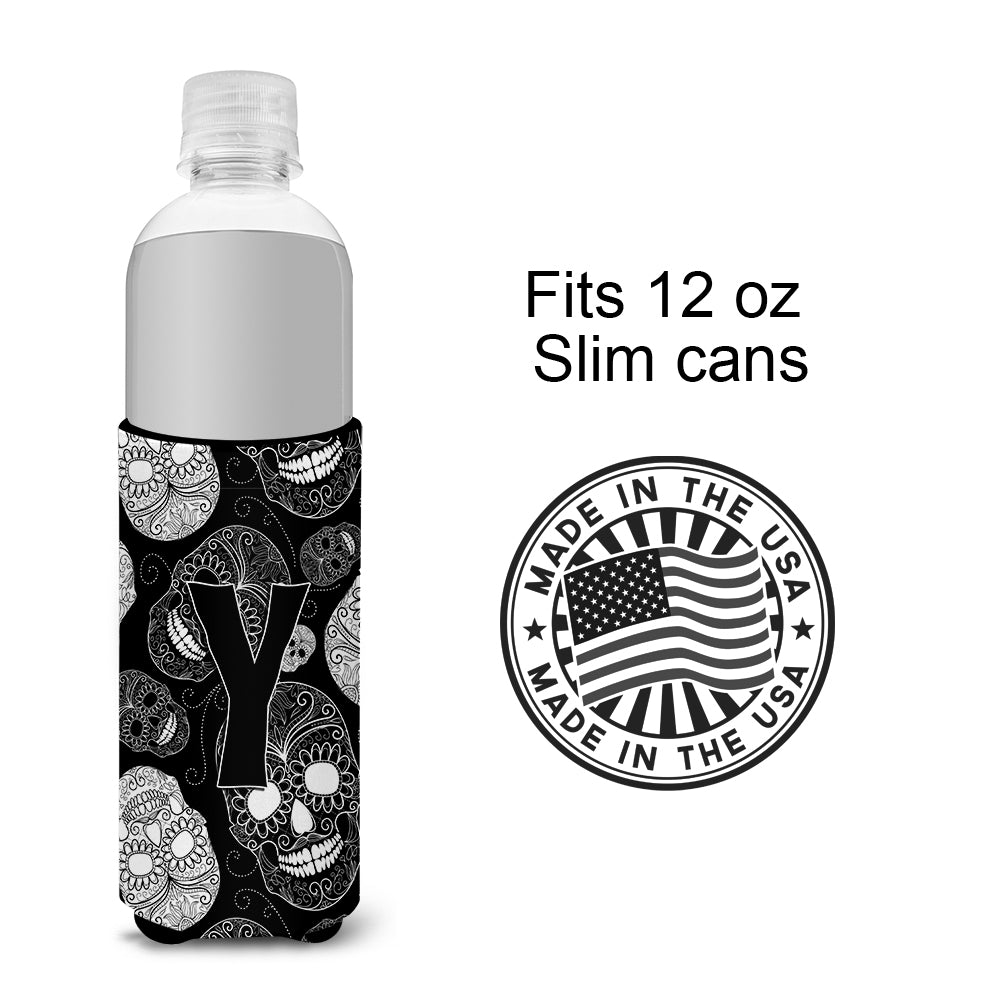 Letter Y Day of the Dead Skulls Black Ultra Beverage Insulators for slim cans CJ2008-YMUK.