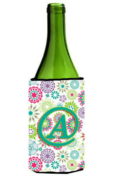 Letter A Flowers Pink Teal Green Initial Wine Bottle Beverage Insulator Hugger CJ2011-ALITERK by Caroline's Treasures