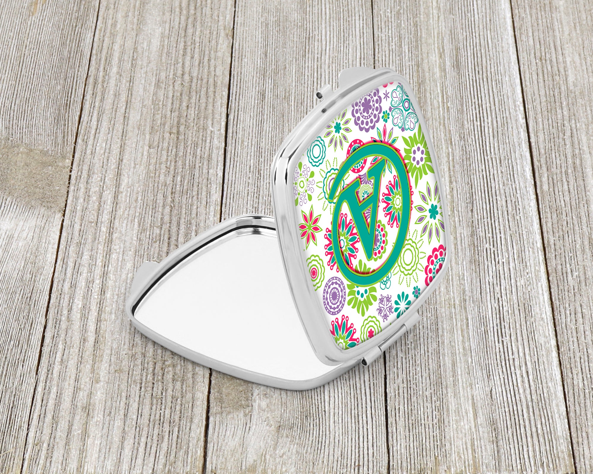 Letter A Flowers Pink Teal Green Initial Compact Mirror CJ2011-ASCM  the-store.com.