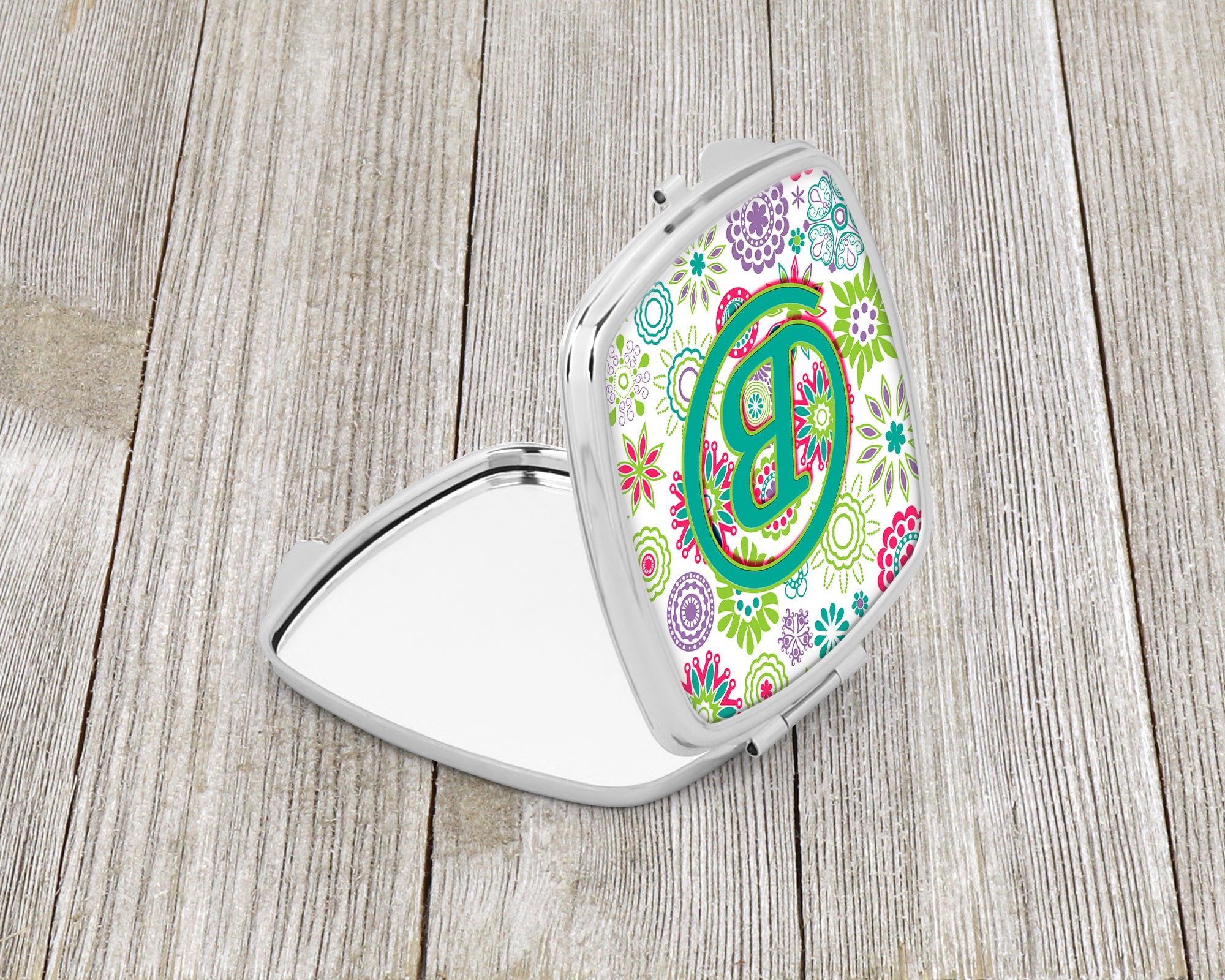 Letter B Flowers Pink Teal Green Initial Compact Mirror CJ2011-BSCM  the-store.com.