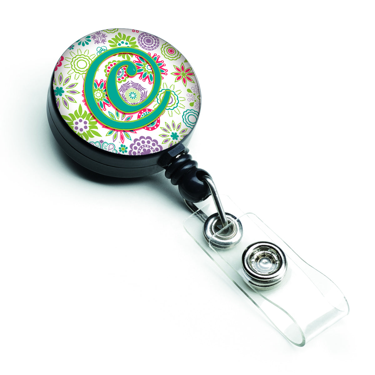 Letter C Flowers Pink Teal Green Initial Retractable Badge Reel CJ2011-CBR  the-store.com.