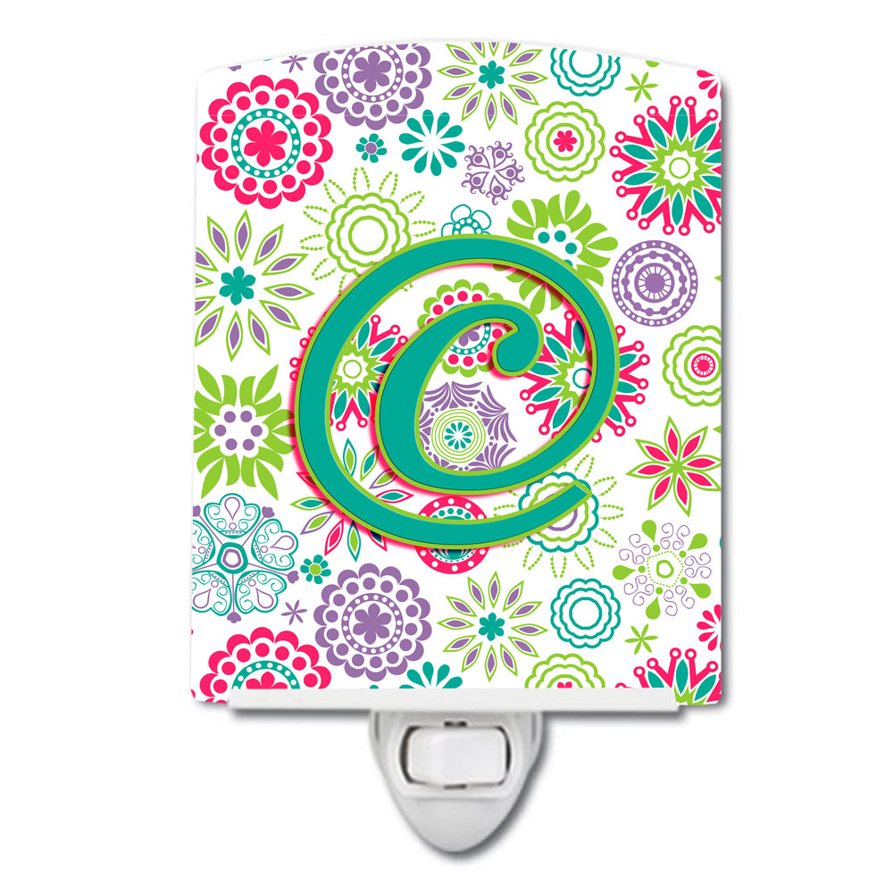 Letter C Flowers Pink Teal Green Initial Ceramic Night Light CJ2011-CCNL - the-store.com