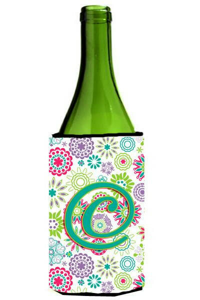 Letter C Flowers Pink Teal Green Initial Wine Bottle Beverage Insulator Hugger CJ2011-CLITERK by Caroline's Treasures