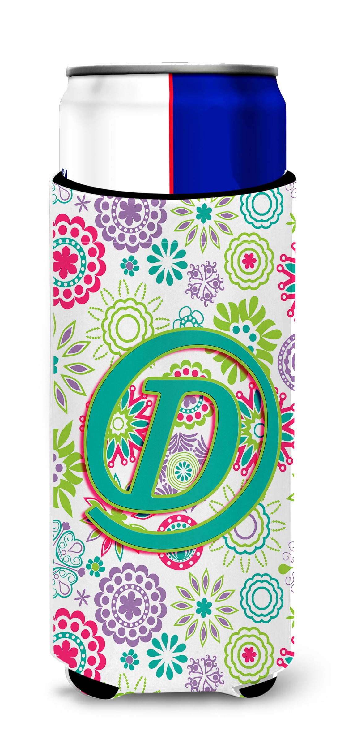 Letter D Flowers Pink Teal Green Initial Ultra Beverage Insulators for slim cans CJ2011-DMUK.