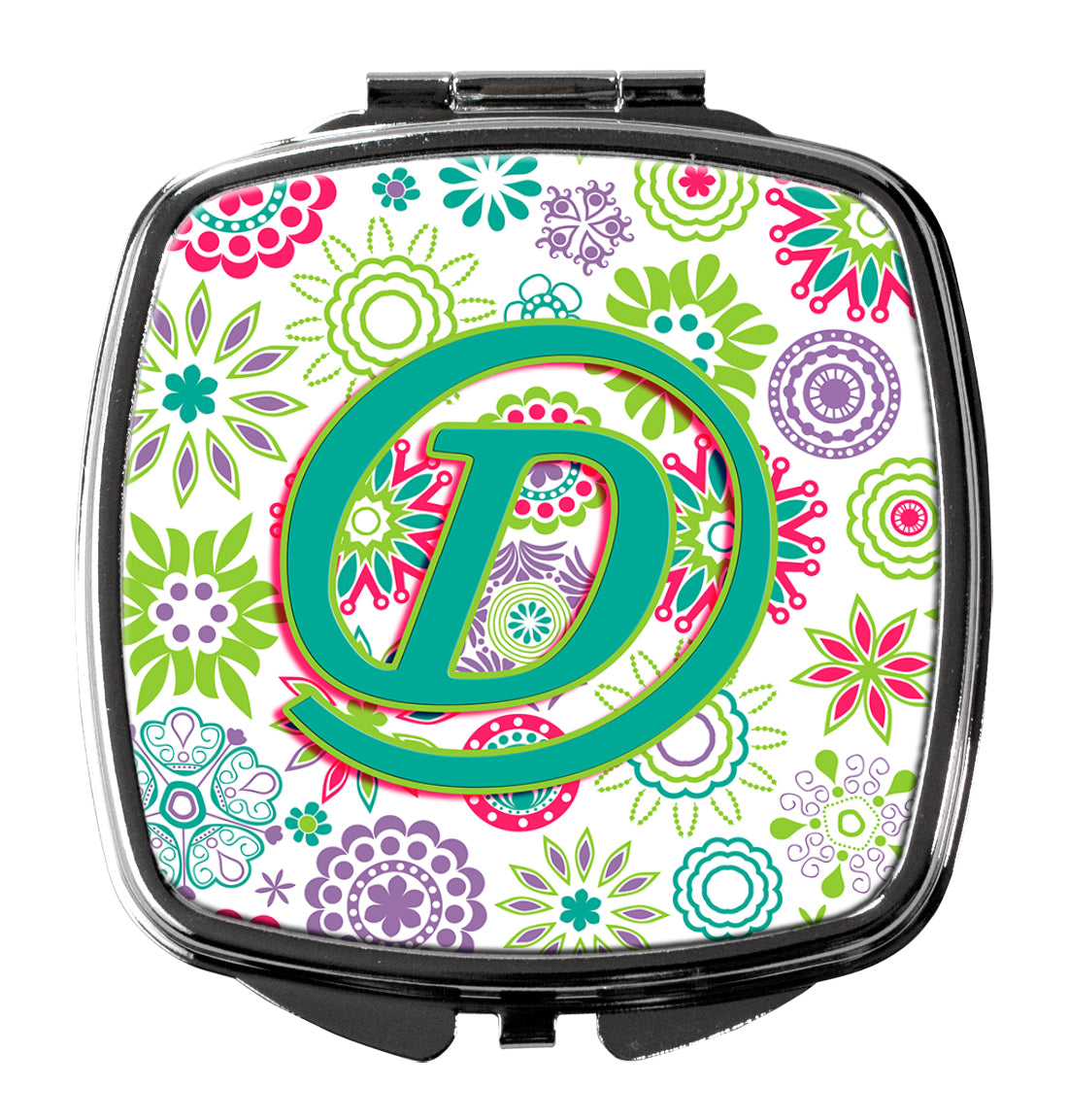 Letter D Flowers Pink Teal Green Initial Compact Mirror CJ2011-DSCM  the-store.com.