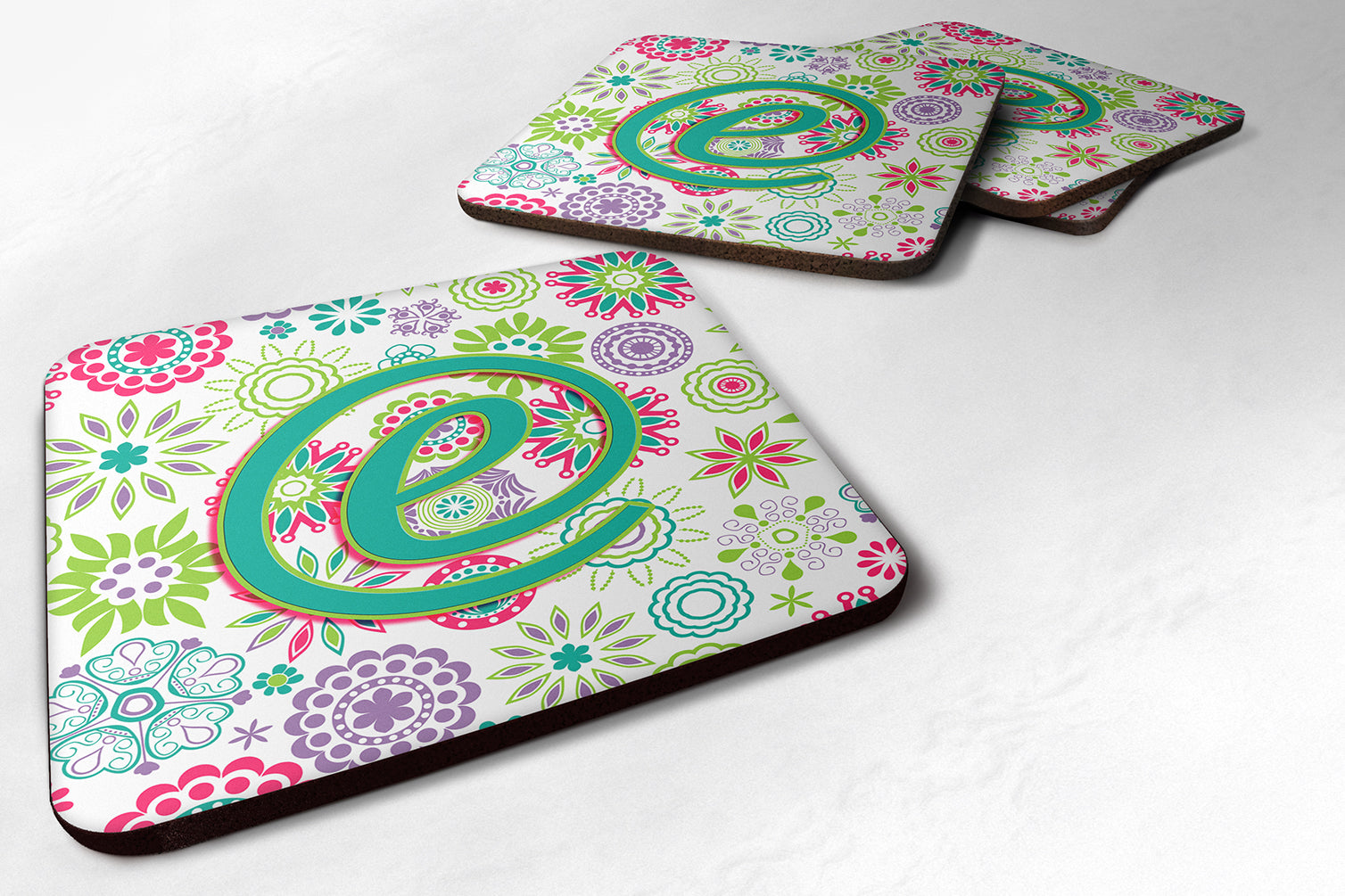 Set of 4 Letter E Flowers Pink Teal Green Initial Foam Coasters CJ2011-EFC - the-store.com