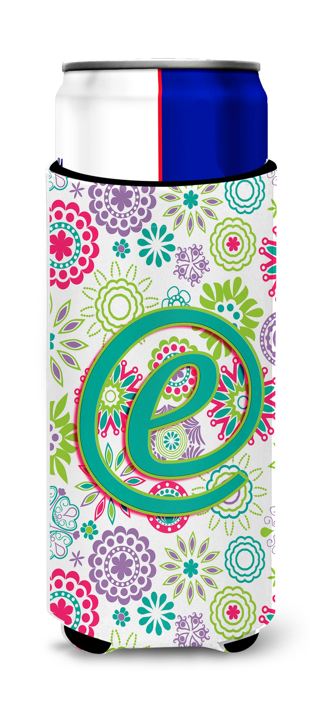 Letter E Flowers Pink Teal Green Initial Ultra Beverage Insulators for slim cans CJ2011-EMUK.