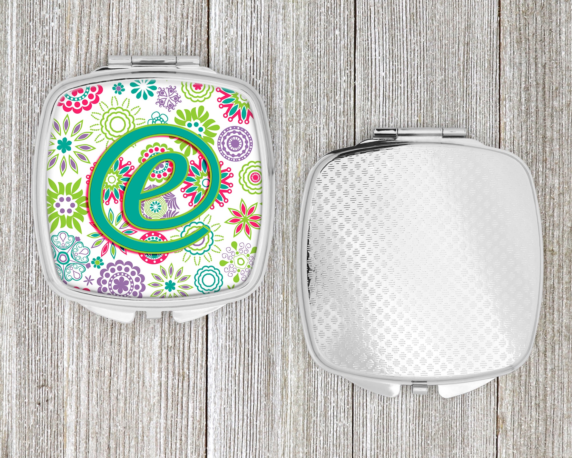 Letter E Flowers Pink Teal Green Initial Compact Mirror CJ2011-ESCM  the-store.com.