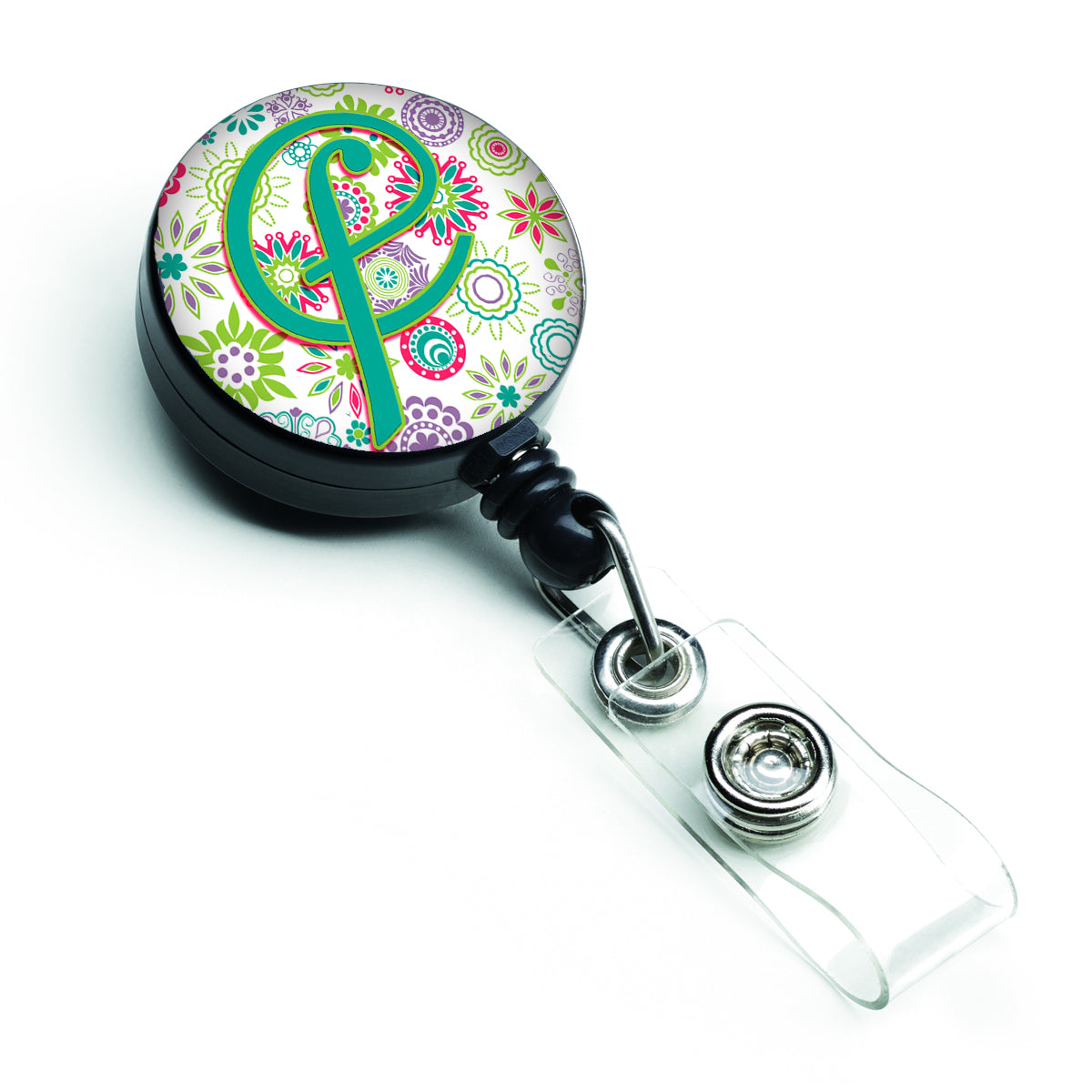 Letter F Flowers Pink Teal Green Initial Retractable Badge Reel CJ2011-FBR  the-store.com.