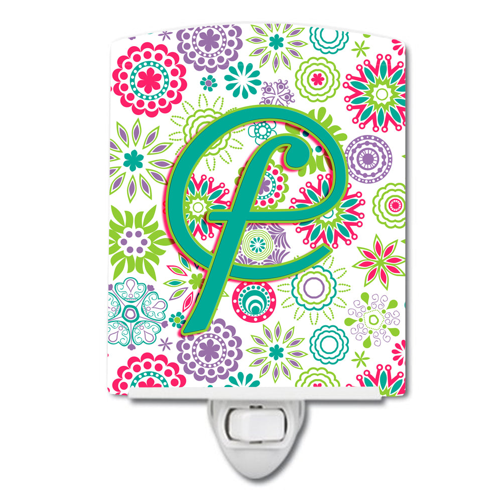 Letter F Flowers Pink Teal Green Initial Ceramic Night Light CJ2011-FCNL - the-store.com