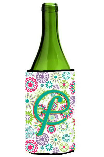 Letter F Flowers Pink Teal Green Initial Wine Bottle Beverage Insulator Hugger CJ2011-FLITERK by Caroline's Treasures