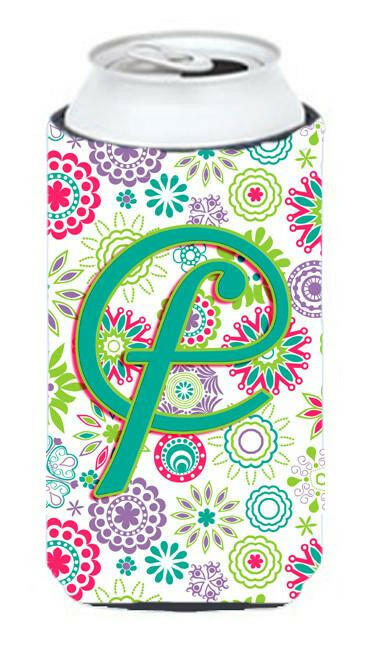 Letter F Flowers Pink Teal Green Initial Tall Boy Beverage Insulator Hugger CJ2011-FTBC by Caroline's Treasures