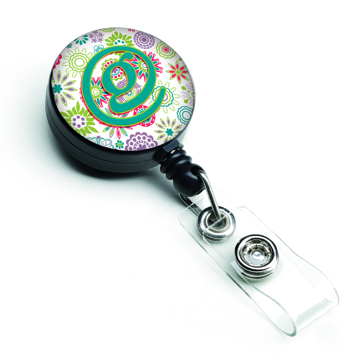 Letter G Flowers Pink Teal Green Initial Retractable Badge Reel CJ2011-GBR  the-store.com.