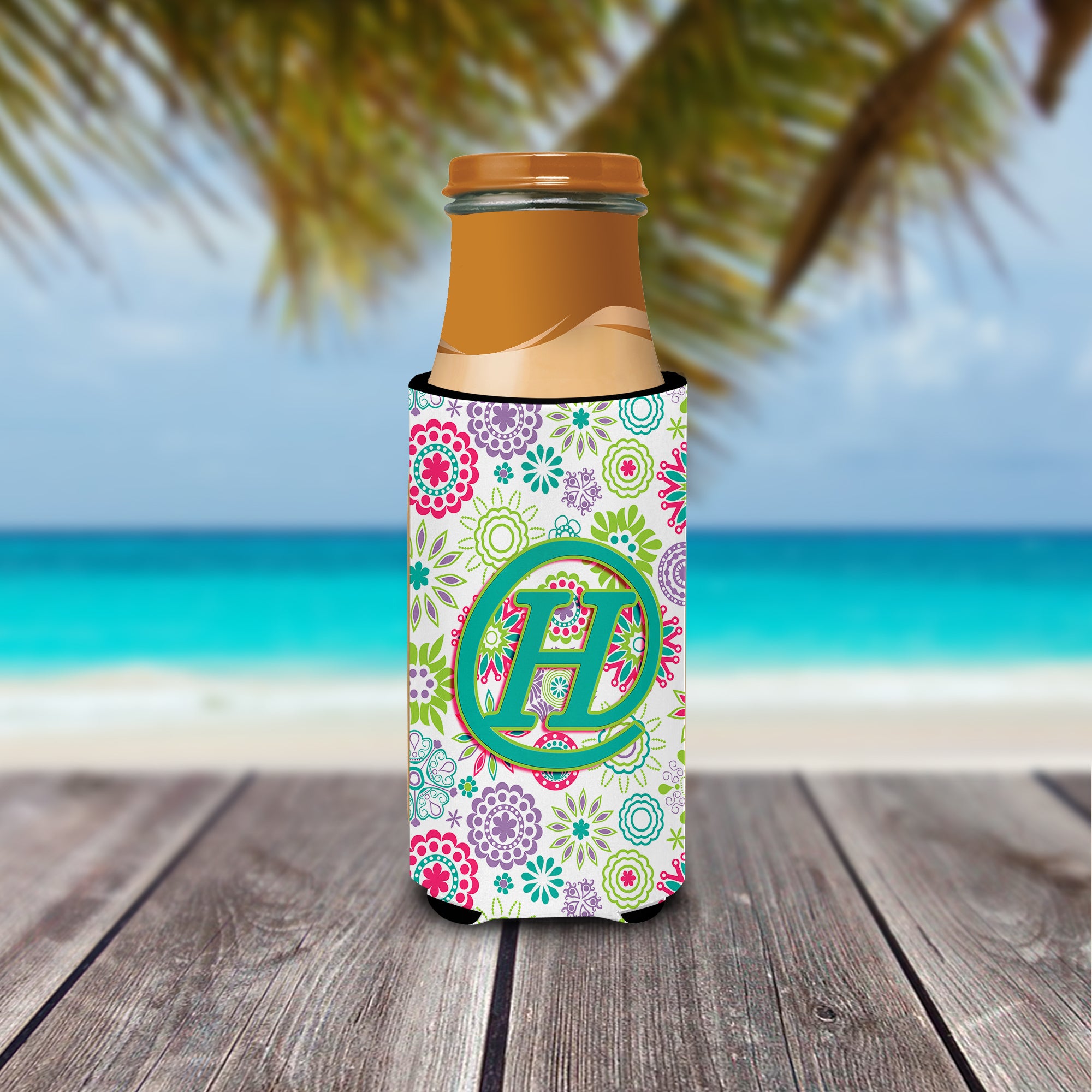 Letter H Flowers Pink Teal Green Initial Ultra Beverage Insulators for slim cans CJ2011-HMUK.