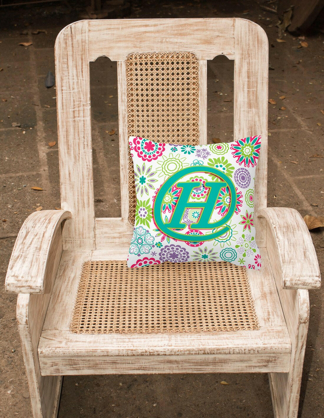 Letter H Flowers Pink Teal Green Initial Canvas Fabric Decorative Pillow CJ2011-HPW1414 by Caroline's Treasures