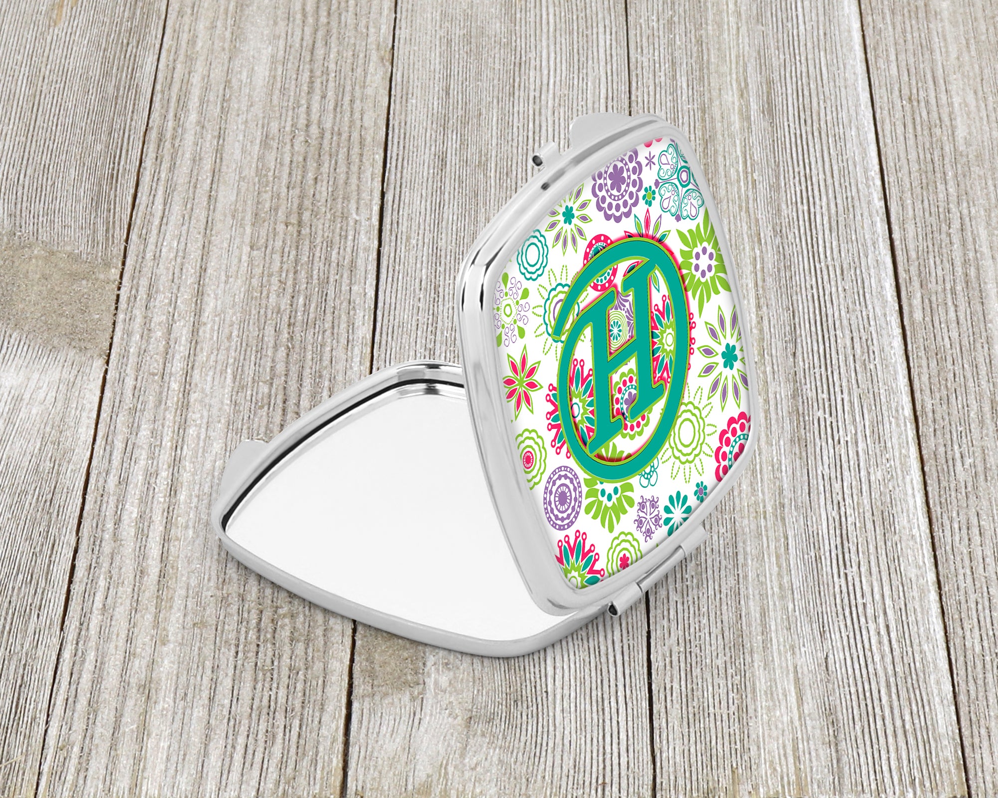 Letter H Flowers Pink Teal Green Initial Compact Mirror CJ2011-HSCM  the-store.com.