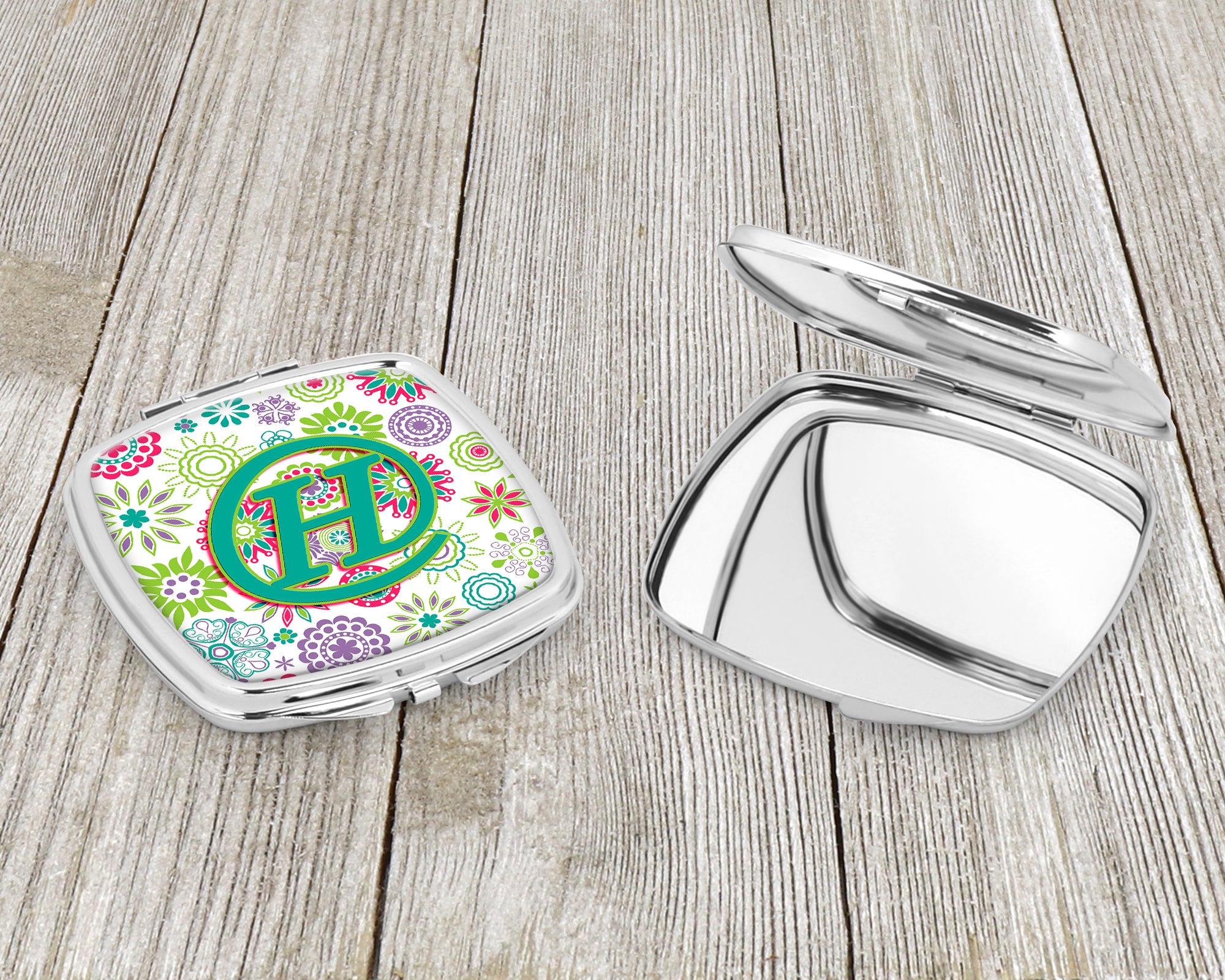 Letter H Flowers Pink Teal Green Initial Compact Mirror CJ2011-HSCM  the-store.com.