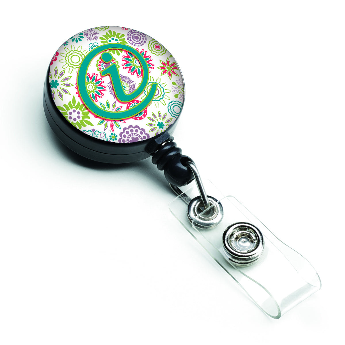 Letter I Flowers Pink Teal Green Initial Retractable Badge Reel CJ2011-IBR  the-store.com.