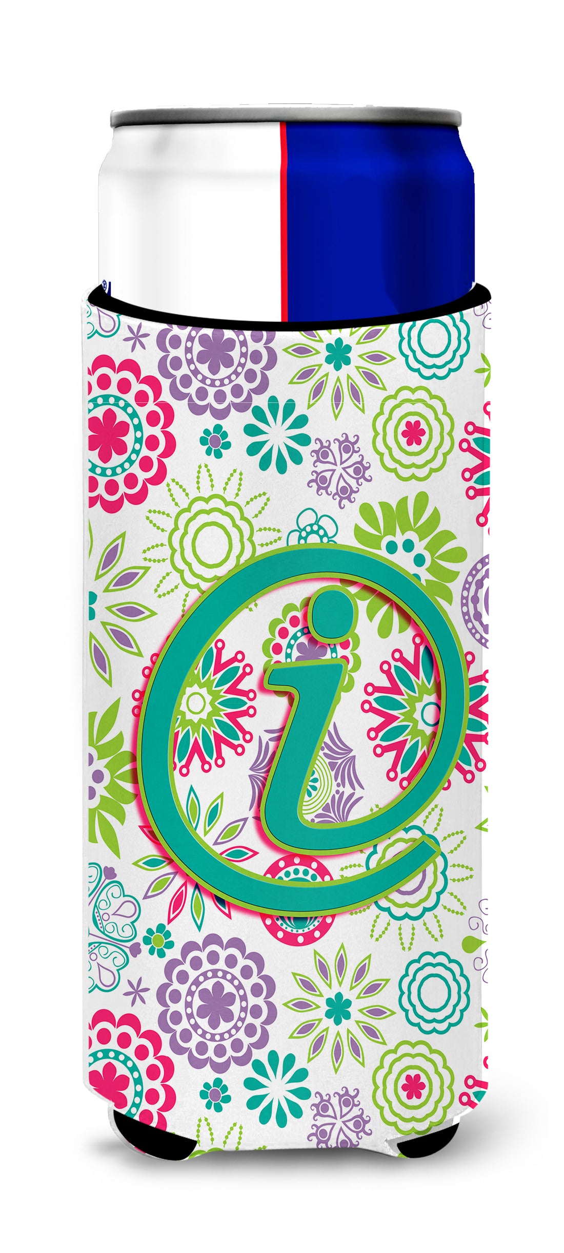 Letter I Flowers Pink Teal Green Initial Ultra Beverage Insulators for slim cans CJ2011-IMUK.