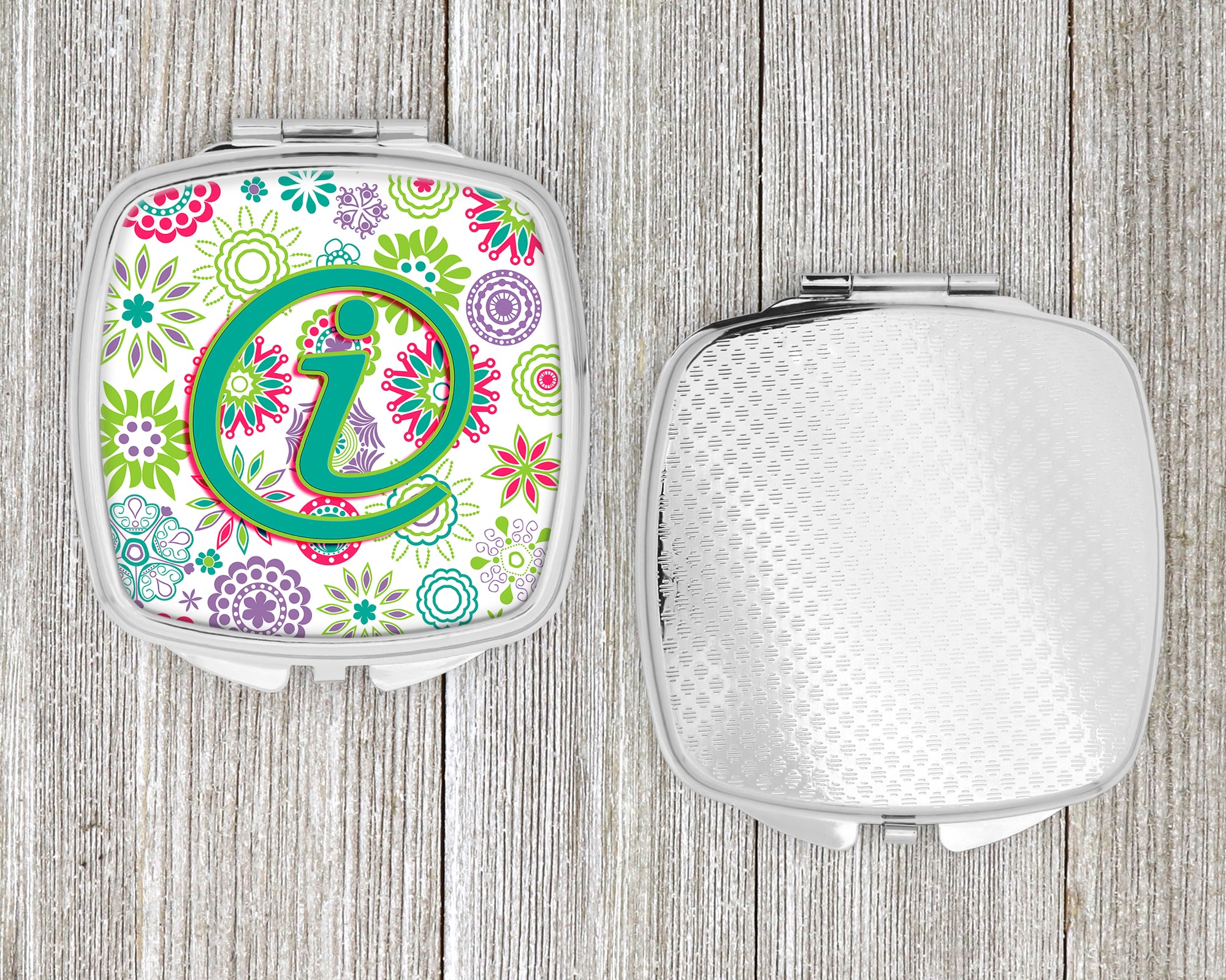 Letter I Flowers Pink Teal Green Initial Compact Mirror CJ2011-ISCM  the-store.com.