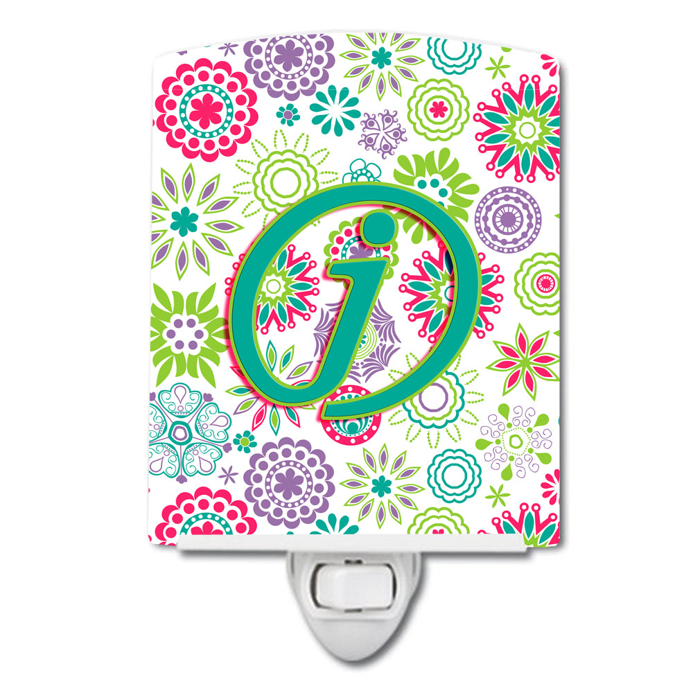 Letter J Flowers Pink Teal Green Initial Ceramic Night Light CJ2011-JCNL - the-store.com