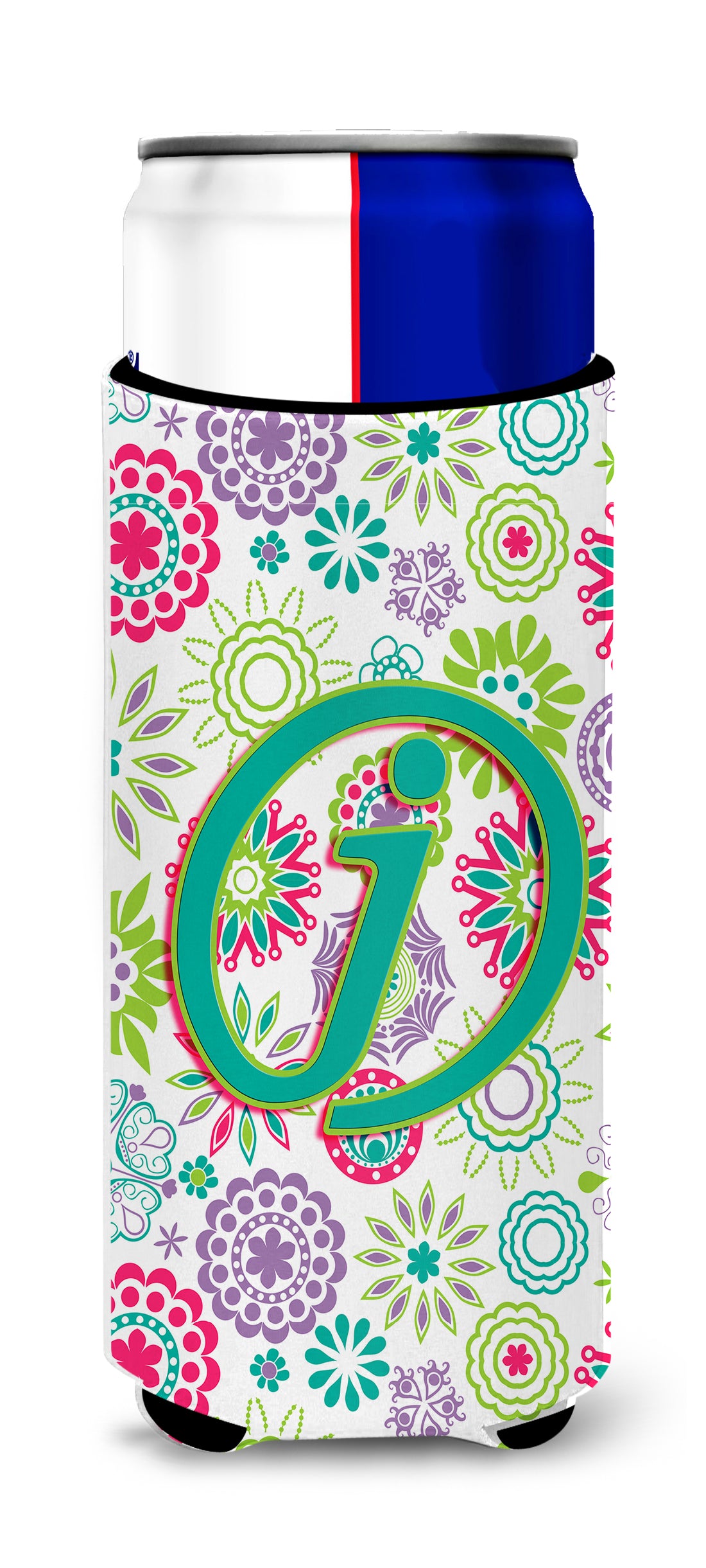 Letter J Flowers Pink Teal Green Initial Ultra Beverage Insulators for slim cans CJ2011-JMUK.