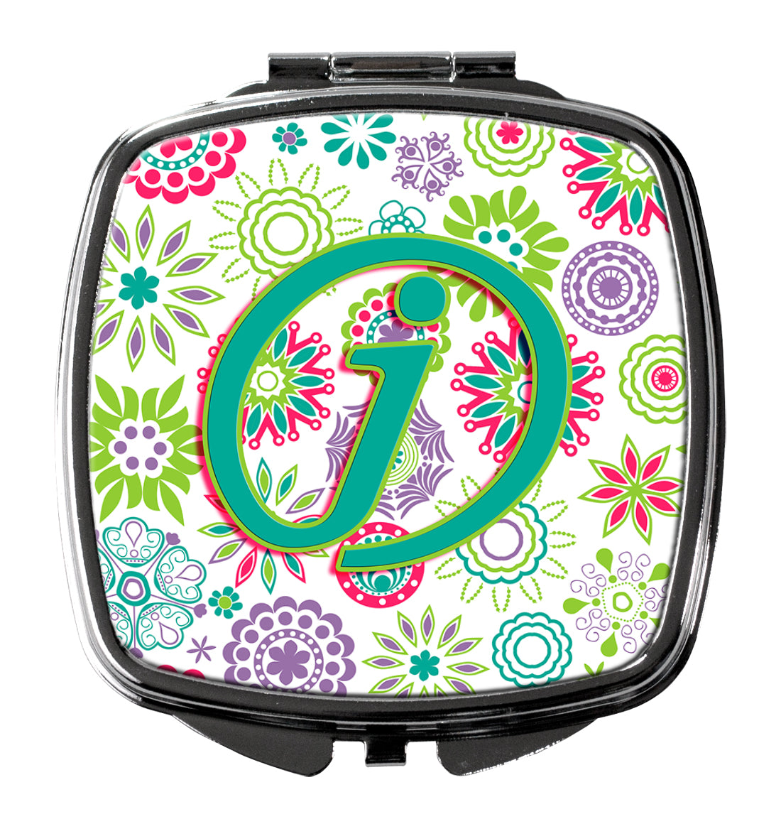 Letter J Flowers Pink Teal Green Initial Compact Mirror CJ2011-JSCM  the-store.com.