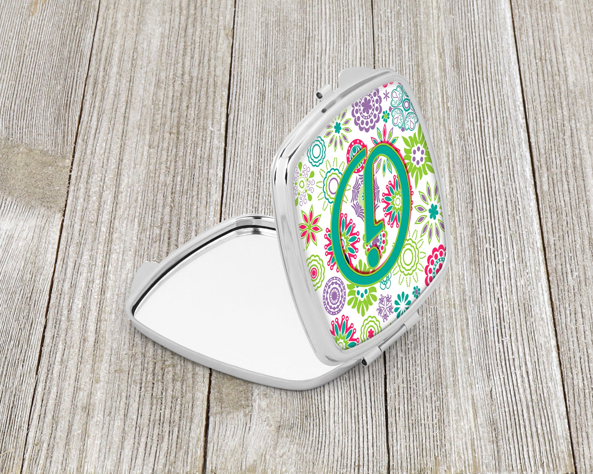 Letter J Flowers Pink Teal Green Initial Compact Mirror CJ2011-JSCM  the-store.com.