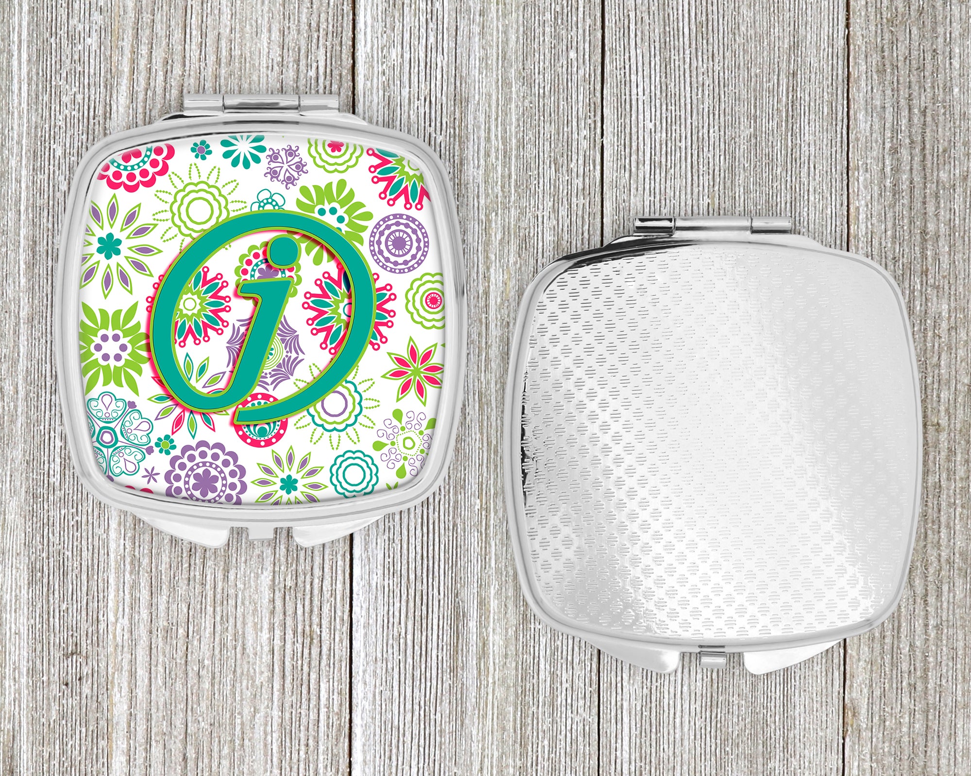 Letter J Flowers Pink Teal Green Initial Compact Mirror CJ2011-JSCM  the-store.com.