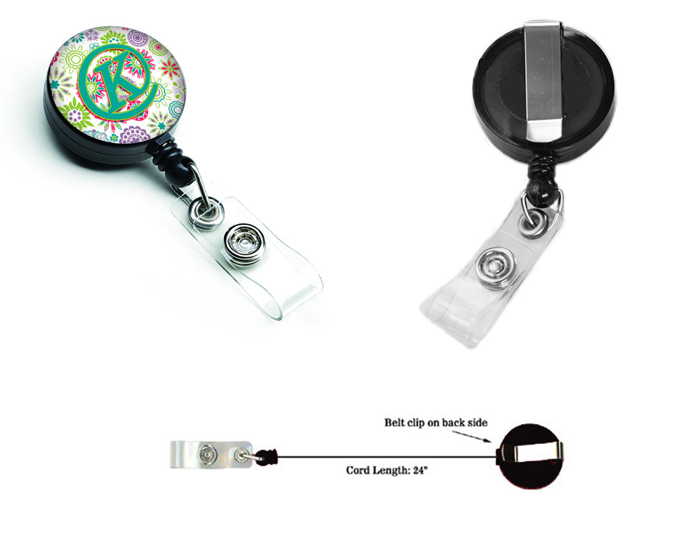 Letter K Flowers Pink Teal Green Initial Retractable Badge Reel CJ2011-KBR  the-store.com.