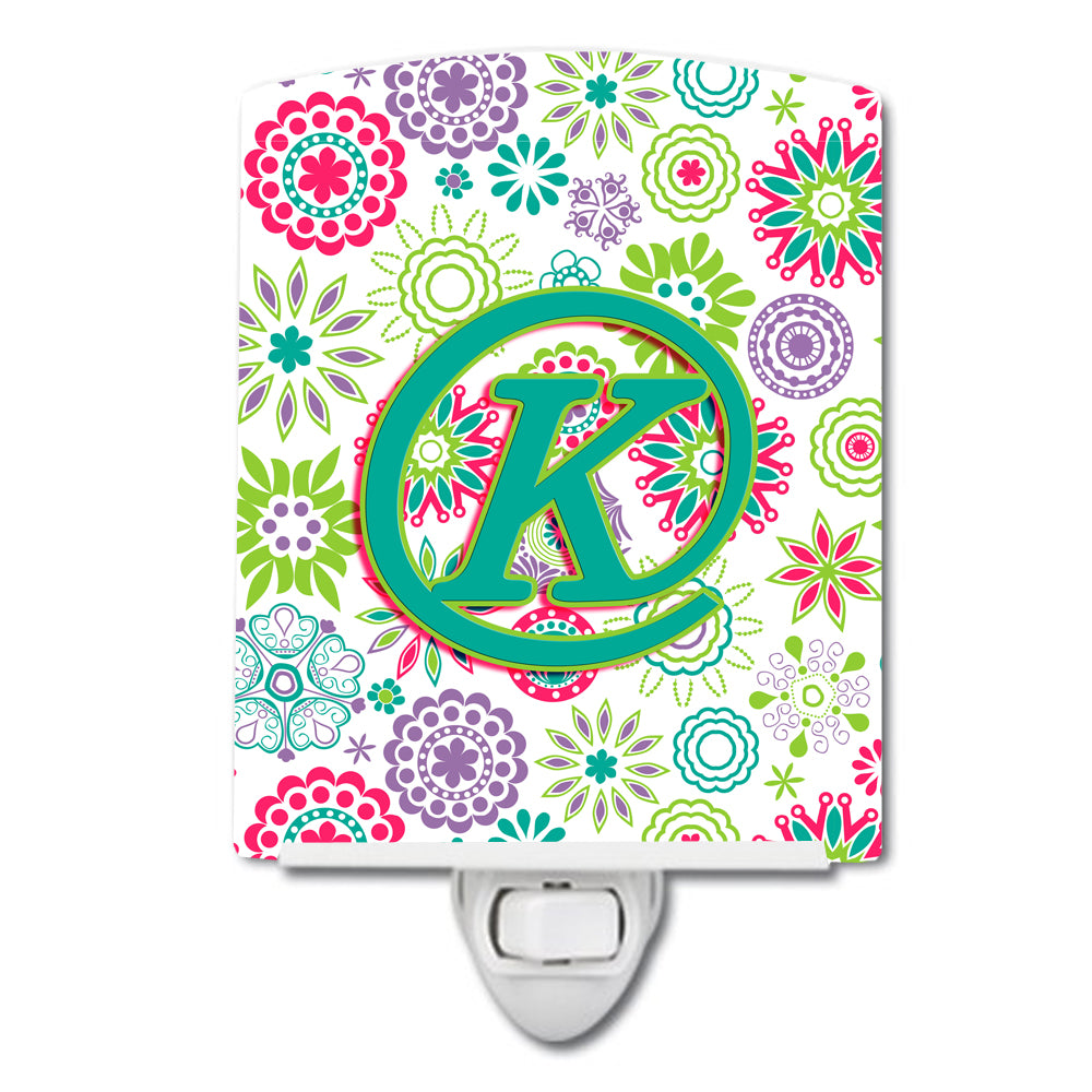 Letter K Flowers Pink Teal Green Initial Ceramic Night Light CJ2011-KCNL - the-store.com