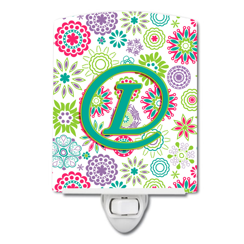 Letter L Flowers Pink Teal Green Initial Ceramic Night Light CJ2011-LCNL - the-store.com