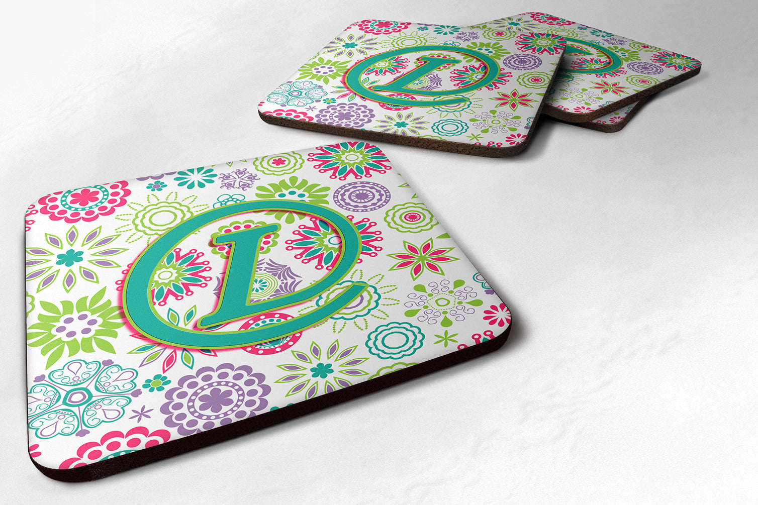 Set of 4 Letter L Flowers Pink Teal Green Initial Foam Coasters CJ2011-LFC - the-store.com