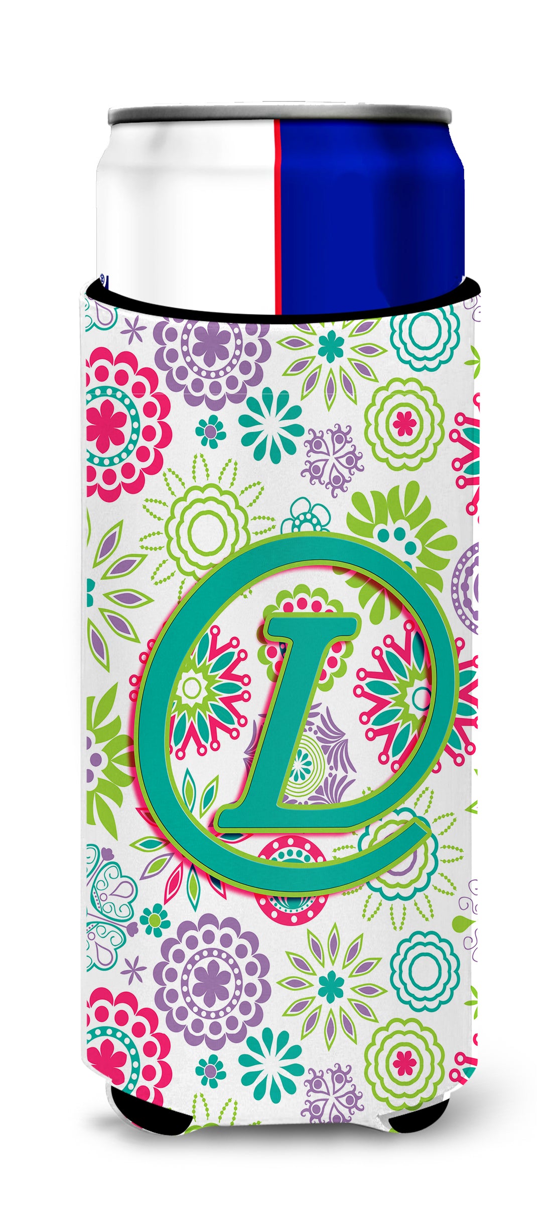 Letter L Flowers Pink Teal Green Initial Ultra Beverage Insulators for slim cans CJ2011-LMUK.