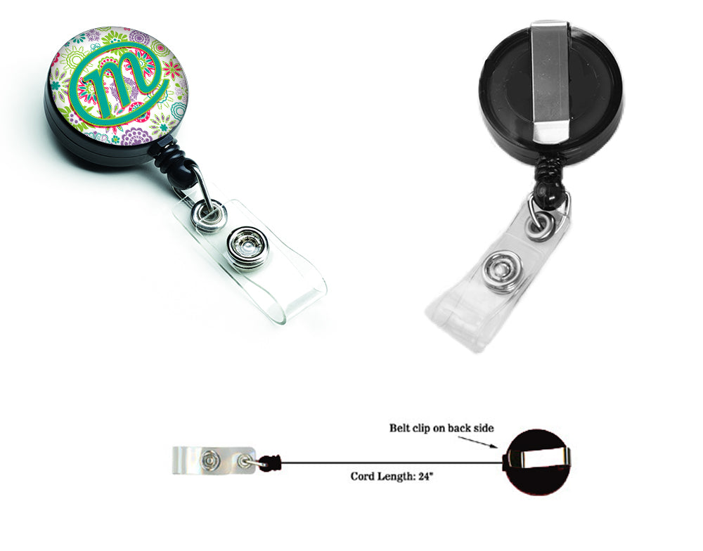 Letter M Flowers Pink Teal Green Initial Retractable Badge Reel CJ2011-MBR  the-store.com.