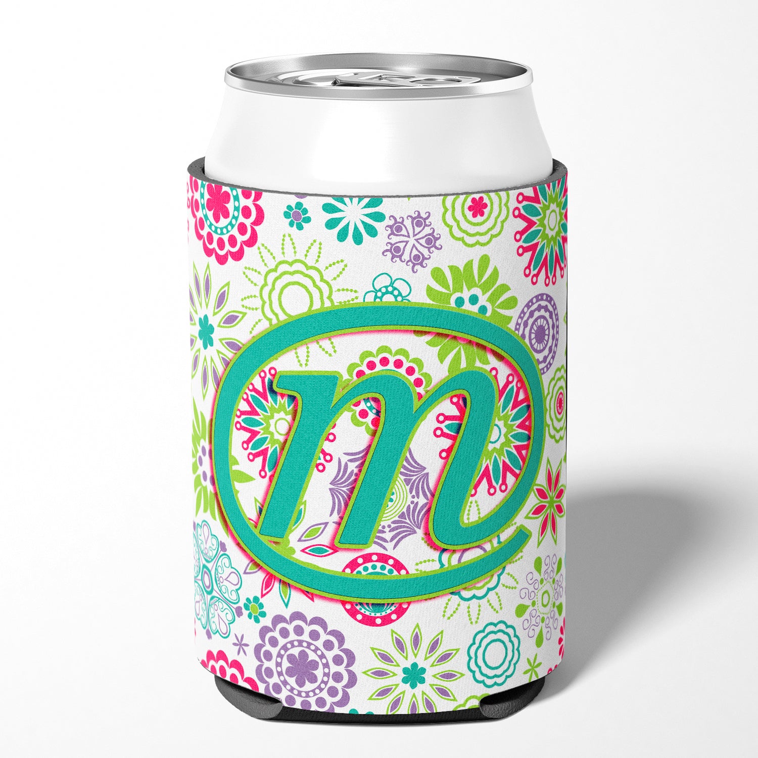 Letter M Flowers Pink Teal Green Initial Can or Bottle Hugger CJ2011-MCC.