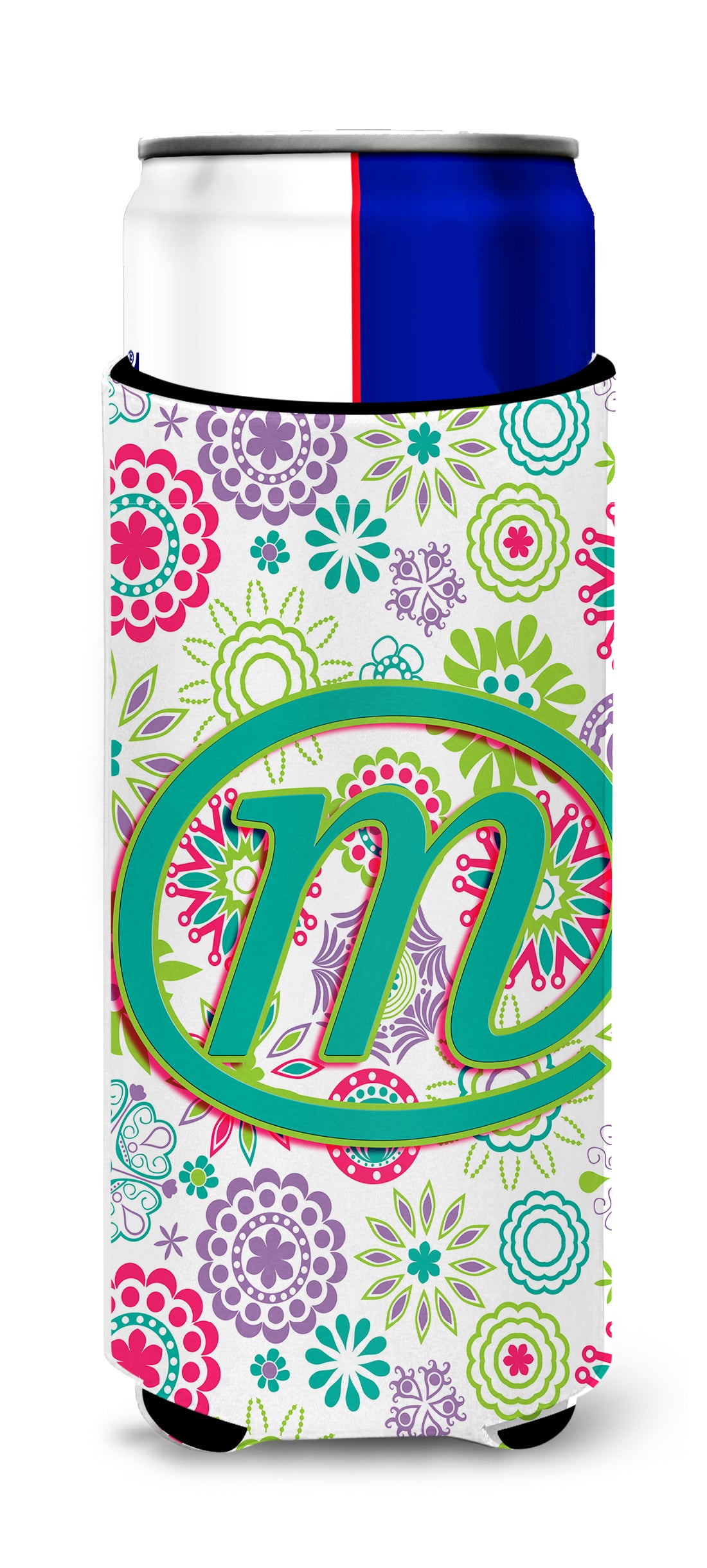 Letter M Flowers Pink Teal Green Initial Ultra Beverage Insulators for slim cans CJ2011-MMUK.