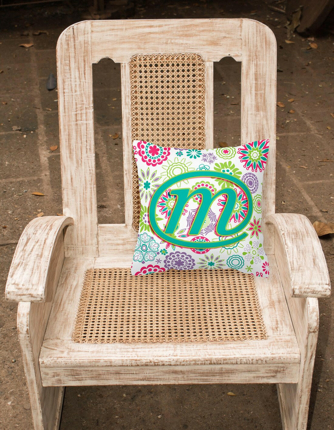 Letter M Flowers Pink Teal Green Initial Canvas Fabric Decorative Pillow CJ2011-MPW1414 by Caroline's Treasures