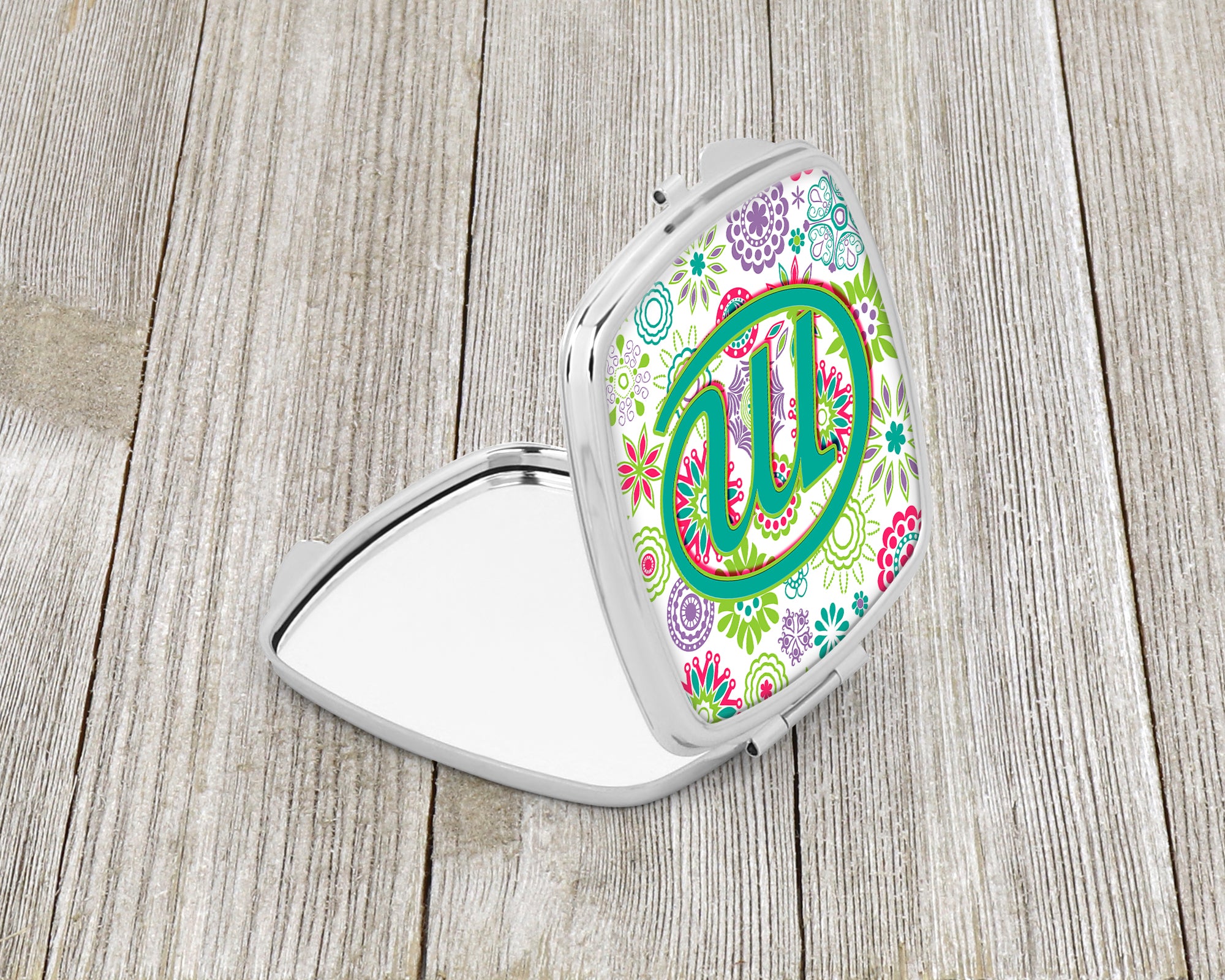 Letter M Flowers Pink Teal Green Initial Compact Mirror CJ2011-MSCM  the-store.com.