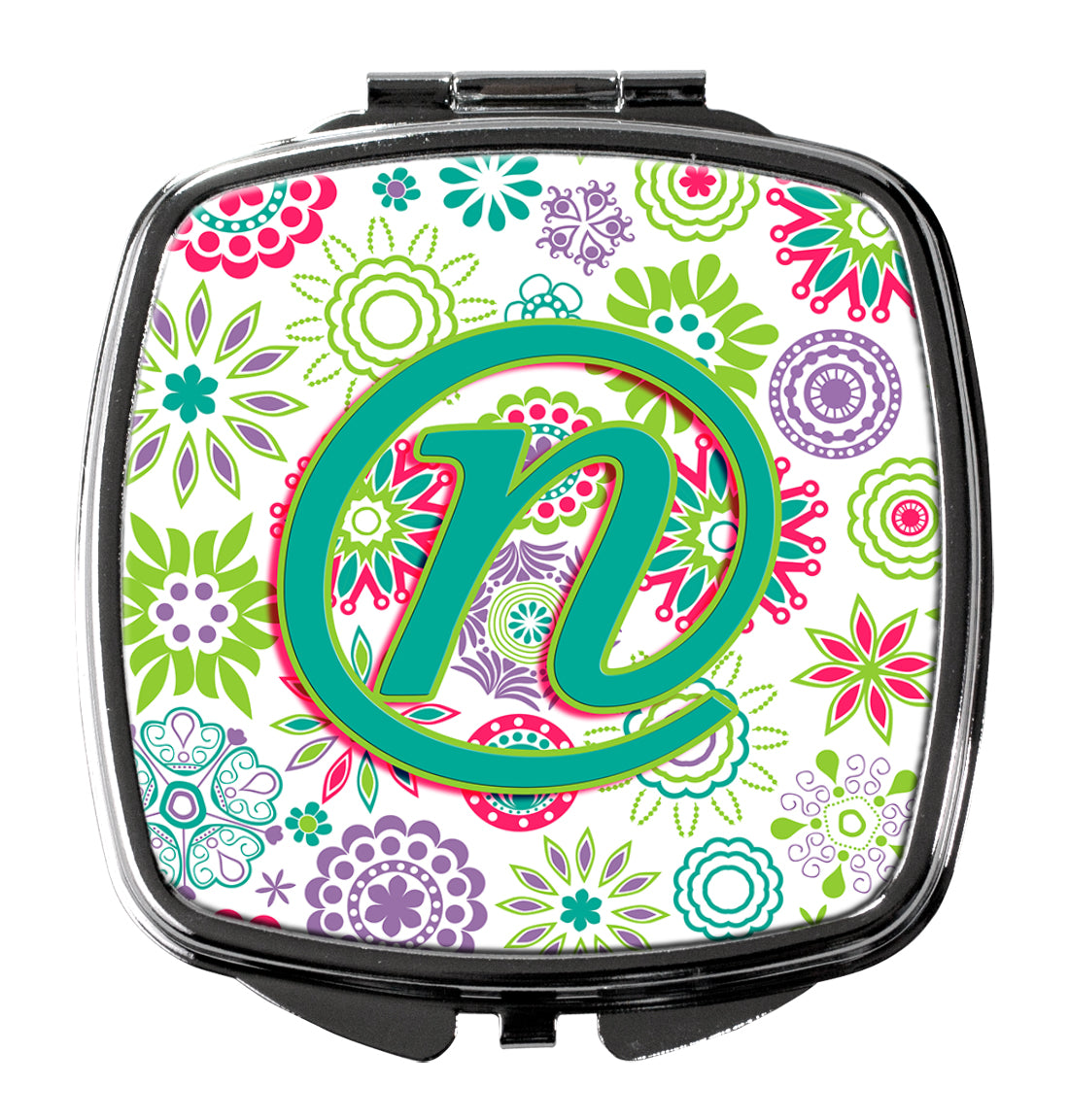 Letter N Flowers Pink Teal Green Initial Compact Mirror CJ2011-NSCM  the-store.com.