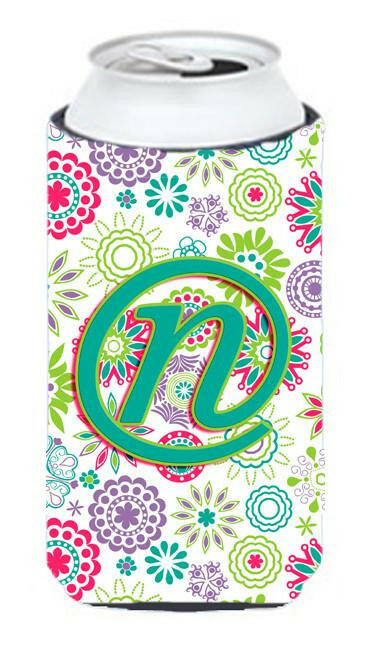 Letter N Flowers Pink Teal Green Initial Tall Boy Beverage Insulator Hugger CJ2011-NTBC by Caroline&#39;s Treasures