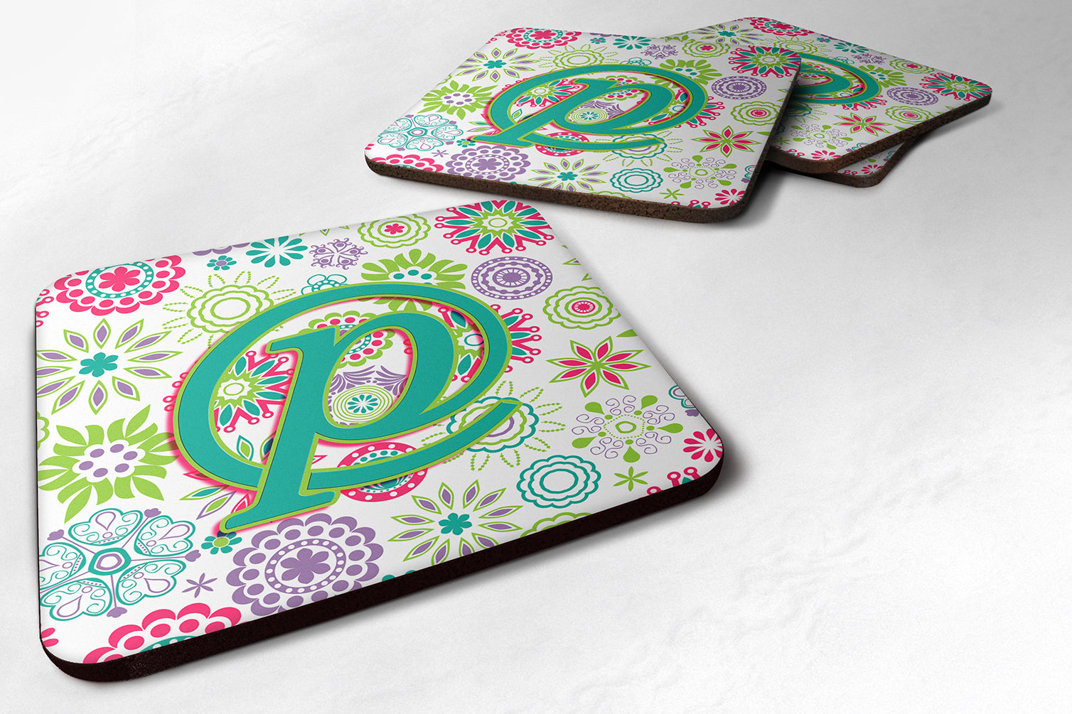 Set of 4 Letter P Flowers Pink Teal Green Initial Foam Coasters CJ2011-PFC - the-store.com