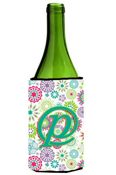 Letter P Flowers Pink Teal Green Initial Wine Bottle Beverage Insulator Hugger CJ2011-PLITERK by Caroline's Treasures