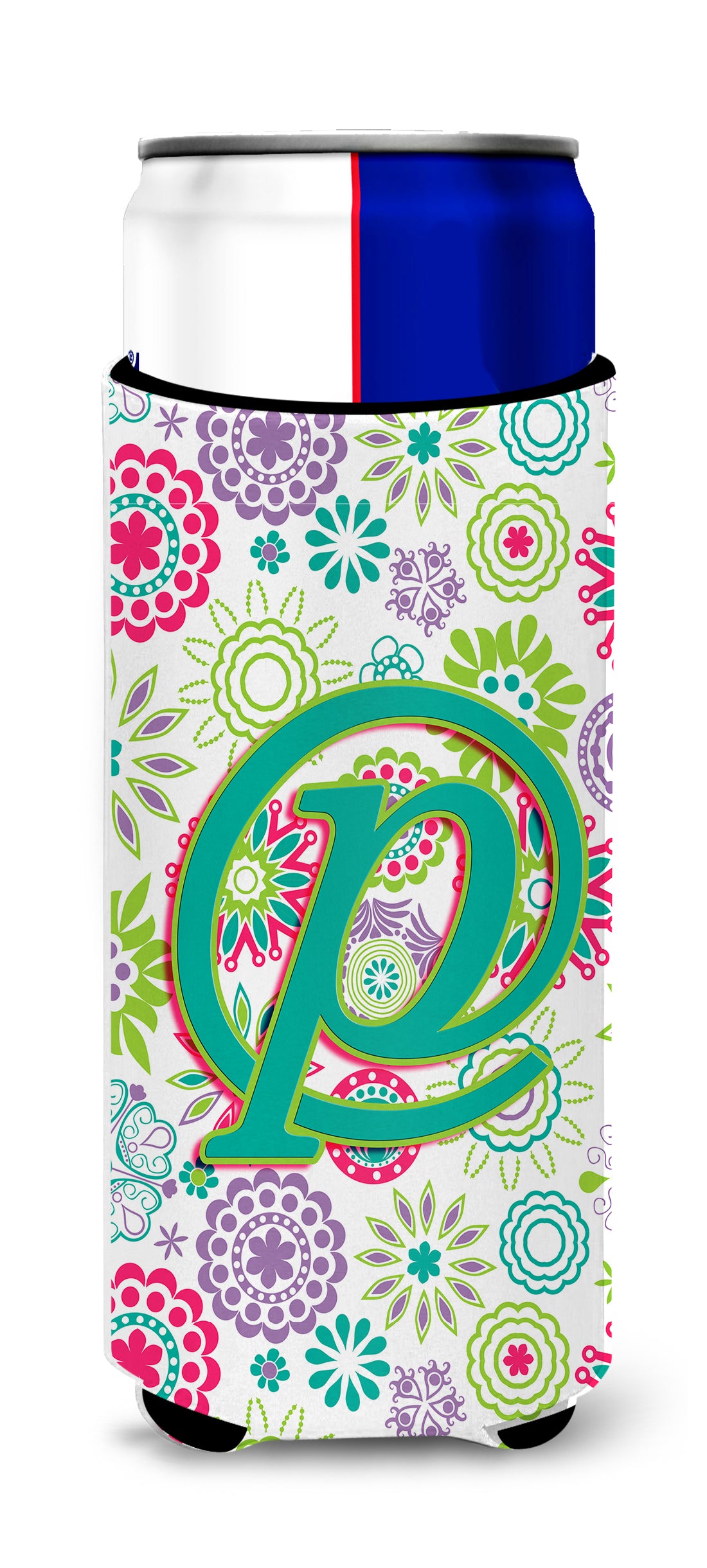 Letter P Flowers Pink Teal Green Initial Ultra Beverage Insulators for slim cans CJ2011-PMUK.